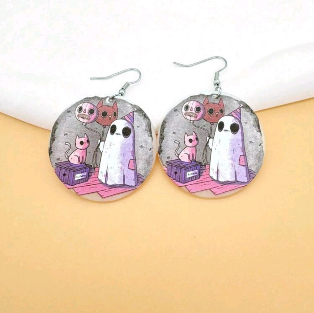 "Party Ghost" Ghost & Cat Acrylic Circle Earrings New!